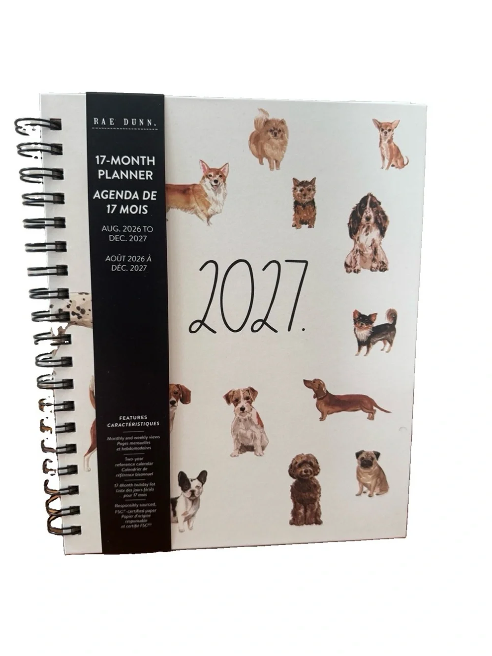 Rae Dunn 2027 PLANNER Hard Cover Spiral 17 months Planner Dog Design 10x8”